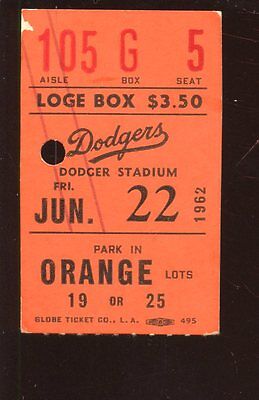 June 22 1962 Los Angeles Dodgers Ticket Stub vs Cincy Reds   Sandy Koufax 11 K's