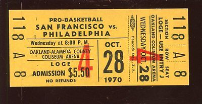 October 28 1970 NBA Basketball Ticket Stub San Francisco vs Philadelphia NRMT