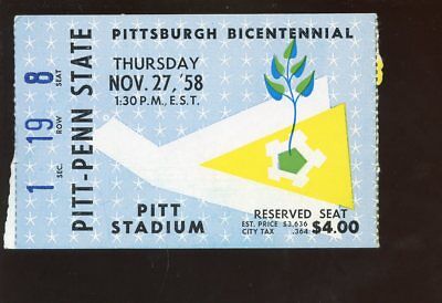 November 27 1958 NCAA Football Ticket Stub Penn State at Pitt EX+