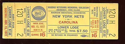 November 15 1972 ABA Basketball Full Ticket Carolina Cougars at New York Nets