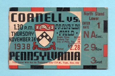 November 24, 1938 Cornell vs Penn at Franklin Field Ticket Stub 0 - 0 tie 