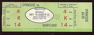 October 7 1961 NCAA Football Full Ticket Syracuse vs Maryland EX+ Ernie Davis