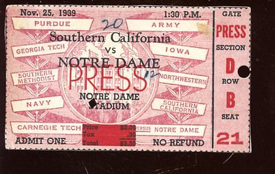 November 25 1939 NCAA Football Ticket Stub USC at Notre Dame