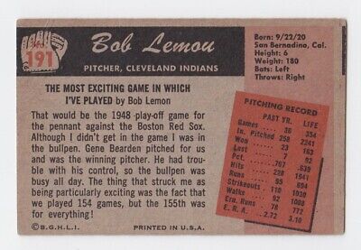 1955 Bowman #191 Bob Lemon Cleveland Indians Baseball Card VG+ app cres