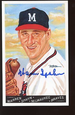 1990 Perez Steele Baseball Postcard Goodwin Warren Spahn Autographed Hologram