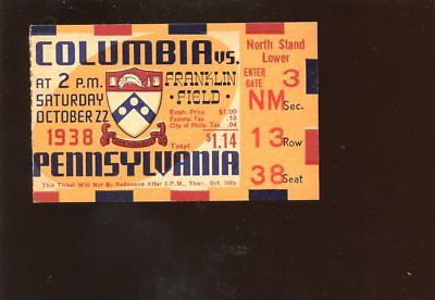 October 22 1938 NCAA Football Ticket Stub Columbia at Pennsylvania NRMT