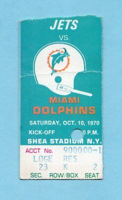 October 10, 1970 Miami Dolphins vs New York Jets NFL Ticket Stub