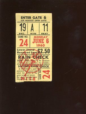 June 6 1960 MLB Baseball New York Yankees Ticket Stub