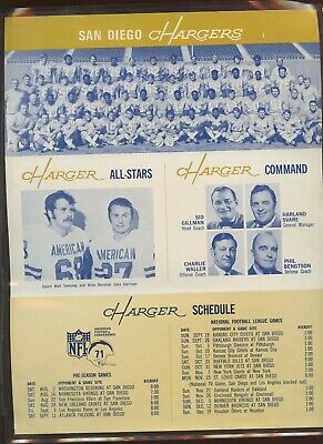 1971 NFL Football San Diego Chargers Schedule / Novelties Sheet