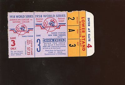 1958 World Series Ticket Stub Milwaukee Braves at New York Yankees Game 3