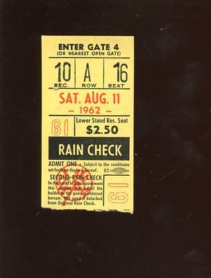 August 11 1962 MLB Baseball New York Yankees Ticket Stub