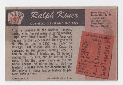 1955 Bowman #197 Ralph Kiner Cleveland Indians Baseball Card VG+ app wrks