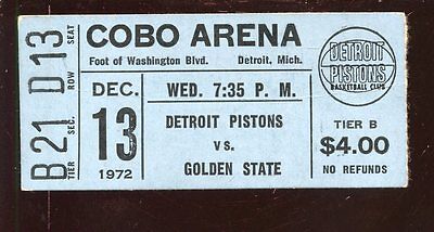 Dec 13 1972 NBA Basketball Ticket Stub Detroit PIstons vs Golden State Warriors