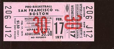 Feb 17 1971 NBA Basketball Full Ticket San Francisco vs Boston Celtics EXMT+