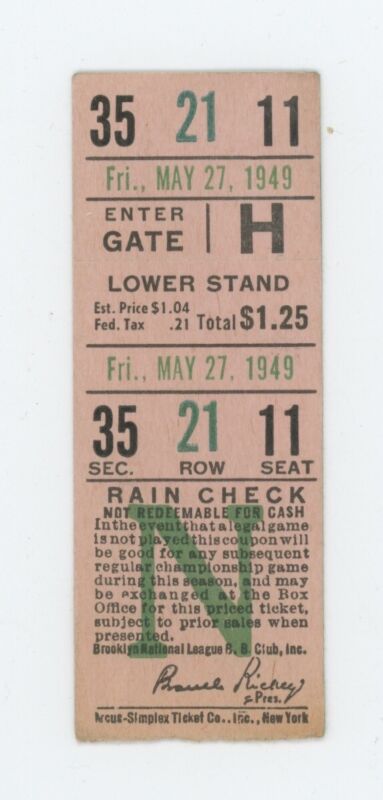 May 27th 1949 Boston Braves at Brooklyn Dodgers Ticket Stub w/ Jackie Robinson