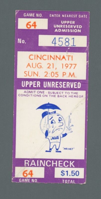 August 21, 1977 Cincinnati Reds @ NY Mets Ticket Stub - Tom Seaver Returns!