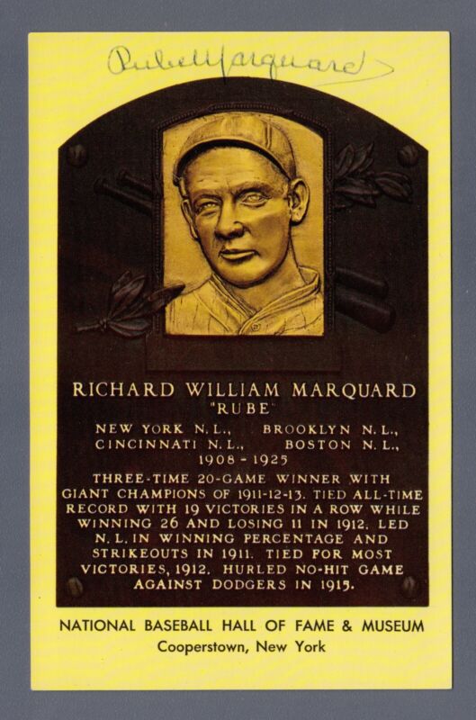 Rube Marquard Signed Hall of Fame Yellow Plaque w B&E Hologram