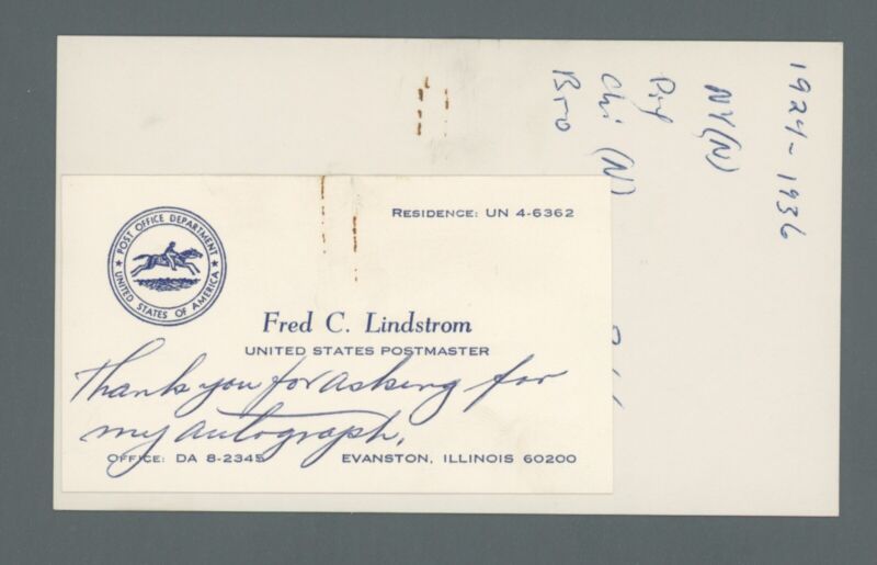 Freddie Lindstrom HOFer Vintage Signed Index Card with B&E Hologram