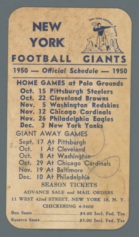 1950 New York Giants NFL Pocket Schedule at Polo Grounds - Hotels Back