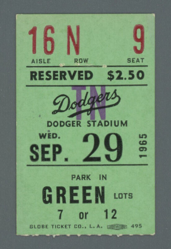 Sept 29, 1965 Sandy Koufax Career Win #137 CG Shutout Dodger Stadium Ticket Stub