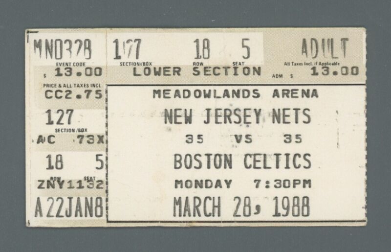 March 28, 1988 Boston Celtics vs. New Jersey Nets Ticket Stub Larry Bird 27 pts