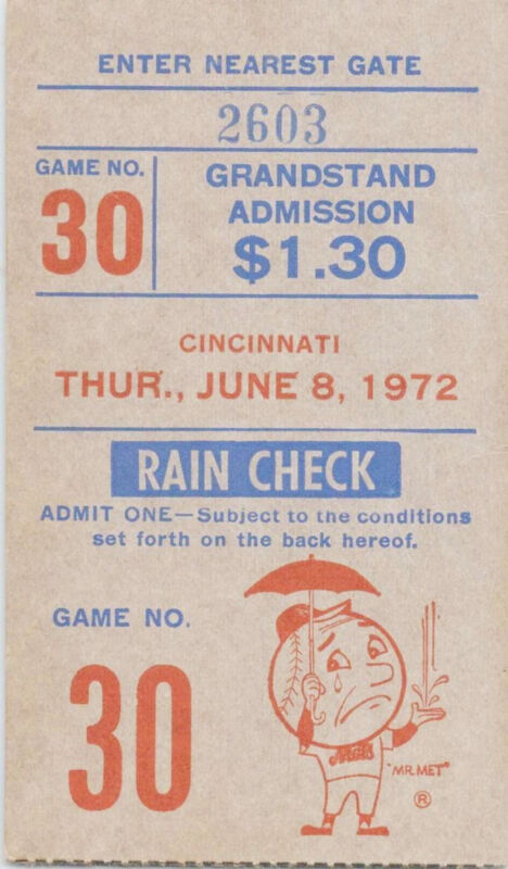 June 8, 1972 New York Mets vs. Cincinnati Shea Stadium Ticket Stub