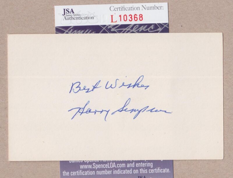 Harry Simpson MLB Signed Index Card with JSA cert