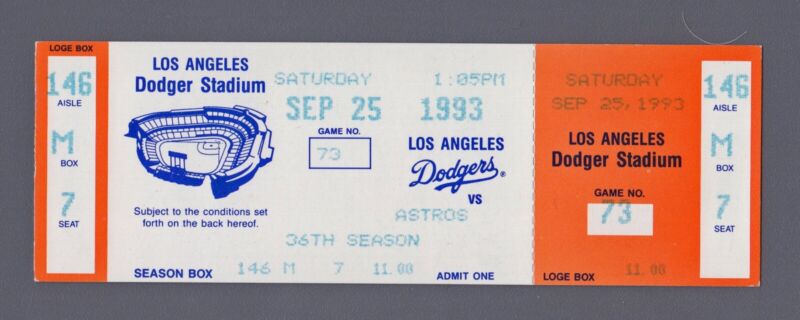 Sept. 25, 1993 Full Ticket Mike Piazza Rookie Season 2 Homers Dodger Stadium