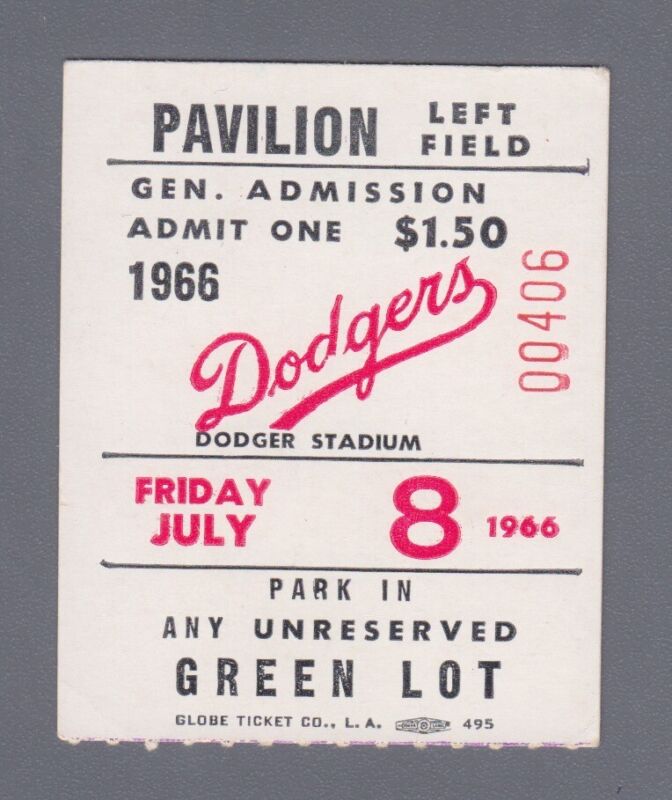 July 8, 1966 Los Angeles Dodgers Ticket Stub vs Braves   Joe Torre Home Run