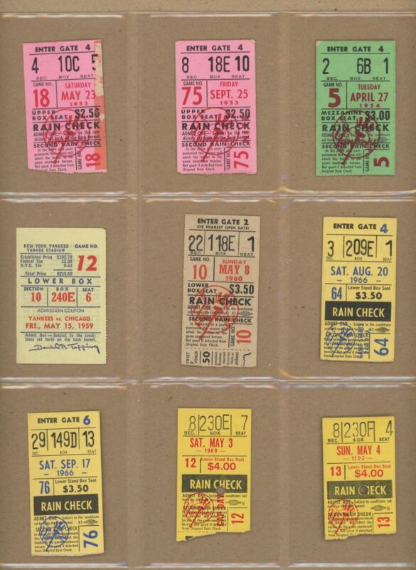 Lot of 9 1953 thru 1969 New York Yankees Ticket Stubs Yankee Stadium