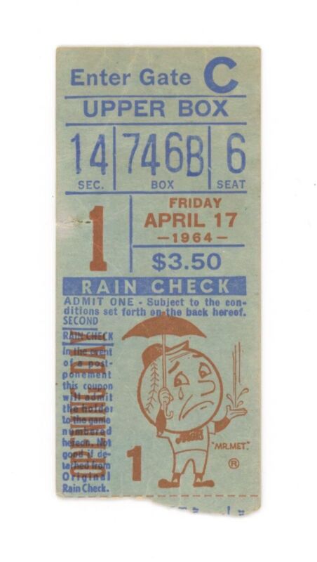 April 17, 1964 NY Mets 1st Game at Shea Stadium Ticket Stub Seat 6