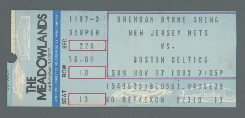 Nov. 7, 1982 Boston Celtics vs. New Jersey Nets Ticket Stub Larry Bird 38 points