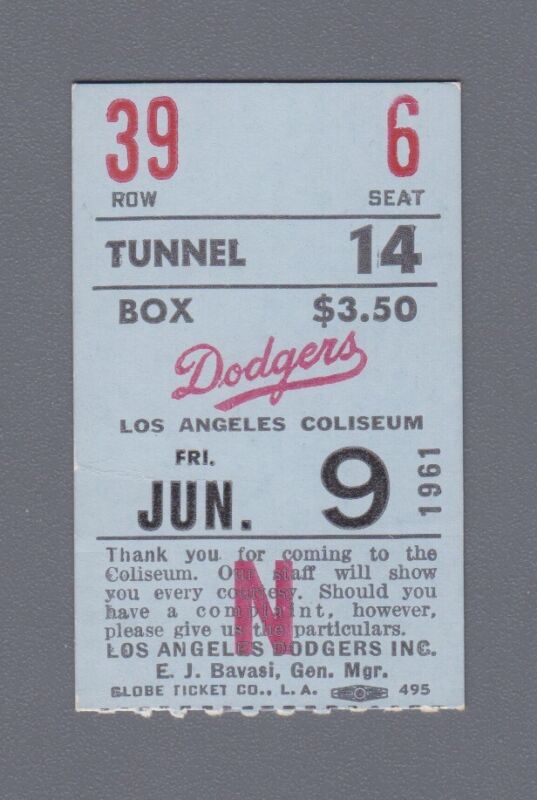 6/9/1961 Don Drysdale Ticket Stub Winning Pitcher vs. Phillies at L.A.