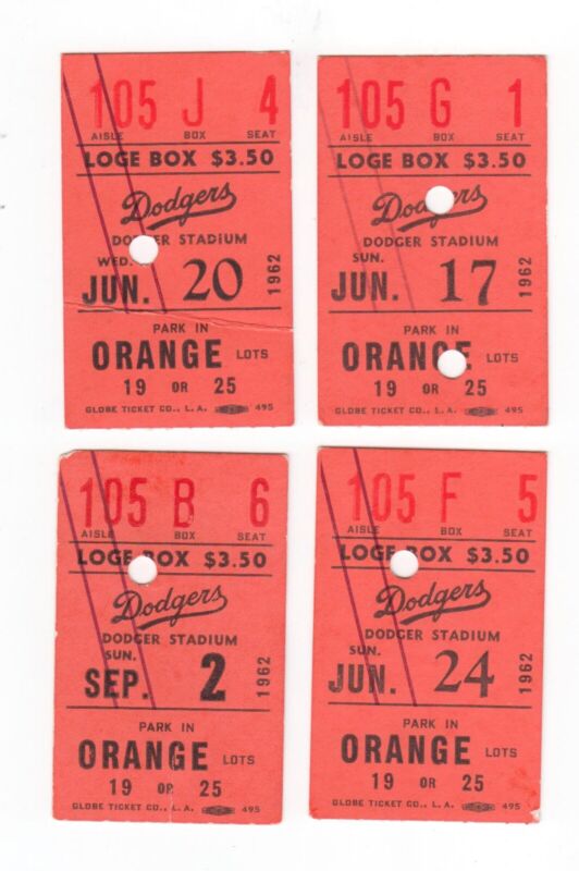 1962 Lot of 4 Los Angeles Dodgers Ticket Stubs at Dodger Stadium