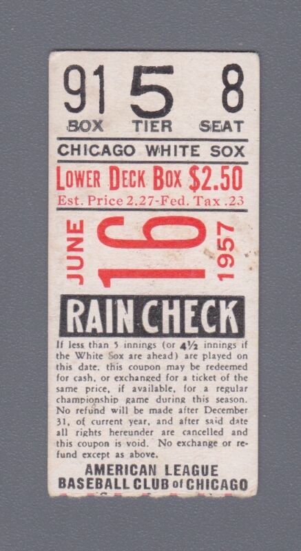 June 16, 1957 at Chicago White Sox Ticket Stub