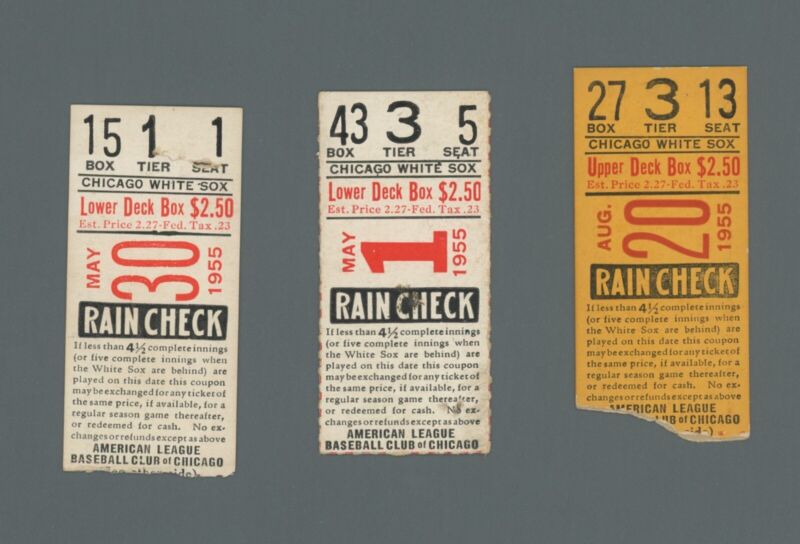 Lot of 3 1955 Chicago White Sox Home Ticket Stubs