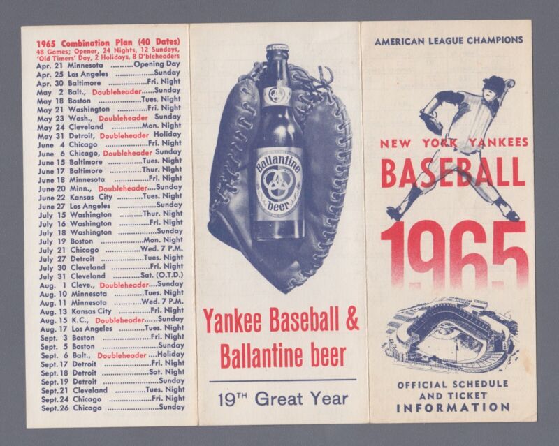 1965 NY Yankees A.L. Champions Official Pocket Schedule