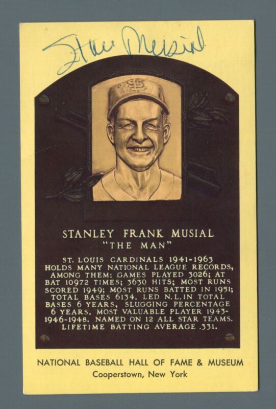 Stan Musial Signed Hall of Fame Yellow Plaque Auto with B&E Hologram creasing
