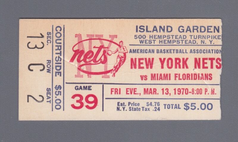 ABA Basketball March 13, 1970  Miami Floridians vs. New York Nets Ticket Stub