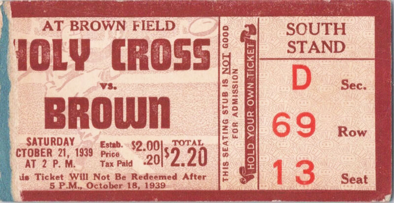 Oct 21, 1939 Holy Cross vs. Brown Ticket Stub