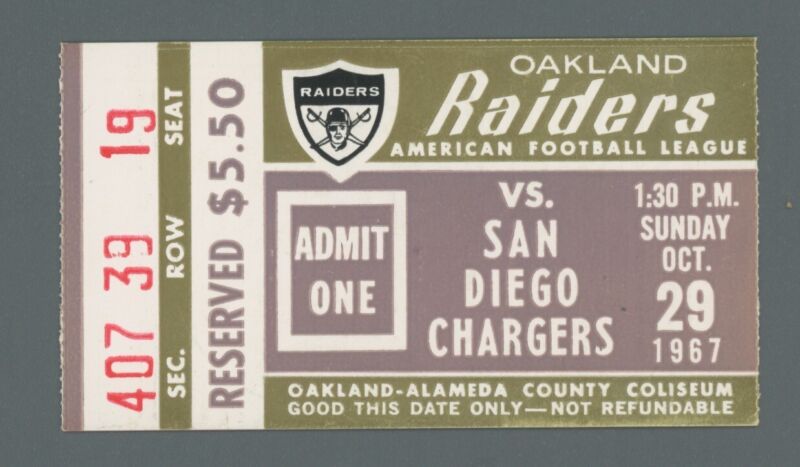 Oct 29, 1967 AFL Oakland Raiders vs. San Diego Chargers Ticket Stub