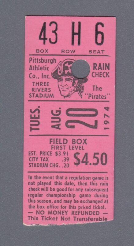 Aug. 20, 1974 Pittsburgh Pirates Three Rivers Stadium Ticket Stub