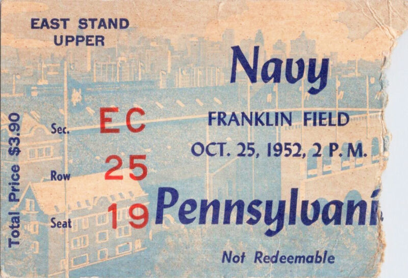 Oct. 25, 1952 Navy vs. Pennsylvania Ticket Stub