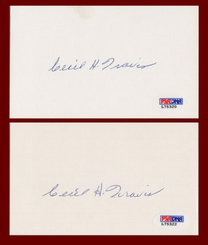 Lot of 23 Cecil Travis Signed Index Cards with PSA/DNA Certification