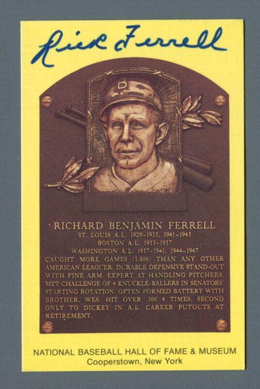 Rick Ferrell Signed Hall of Fame Yellow Plaque Auto with B&E Hologram