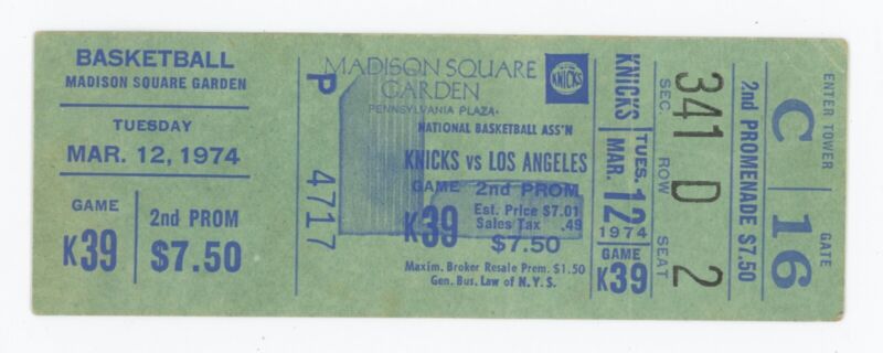 March 12, 1974 NY Knicks vs. LA Lakers at MSG Game K39 Full Ticket