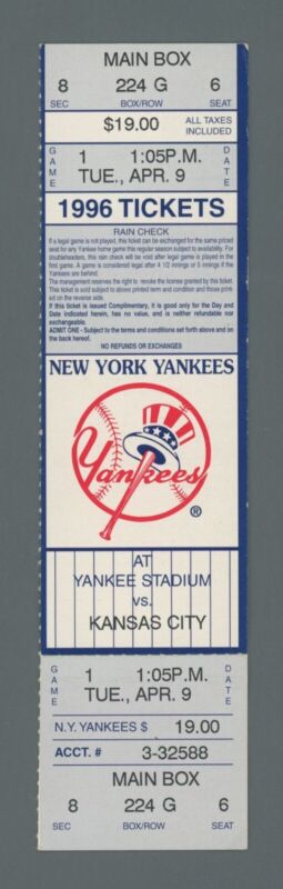 Derek Jeter’s 1st Start at Yankee Stadium April 9, 1996 Full Ticket - Snow Game