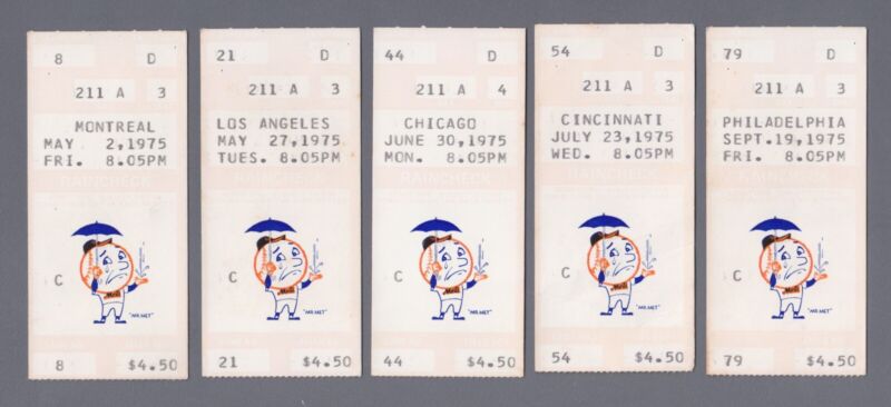 Lot of 5 Different 1975 New York Mets Home Ticket Stubs @ Shea Stadium