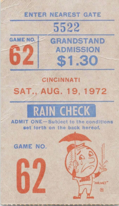 Aug. 19, 1972 New York Mets vs. Cincinnati Shea Stadium Ticket Stub