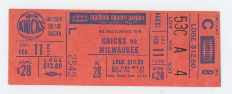 Feb. 11, 1978 NY Knicks vs. Milwaukee Bucks at MSG Game K28 Full Ticket